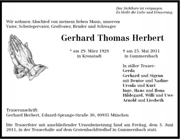 Herbert  Gerhard Thomas 1928-2011 Todesanzeige